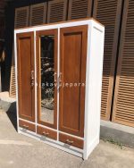 Almari Pakaian Cermin Pintu 3 Kayu Jati Finishing Natural & Duco Putih RKJ-LMP 06