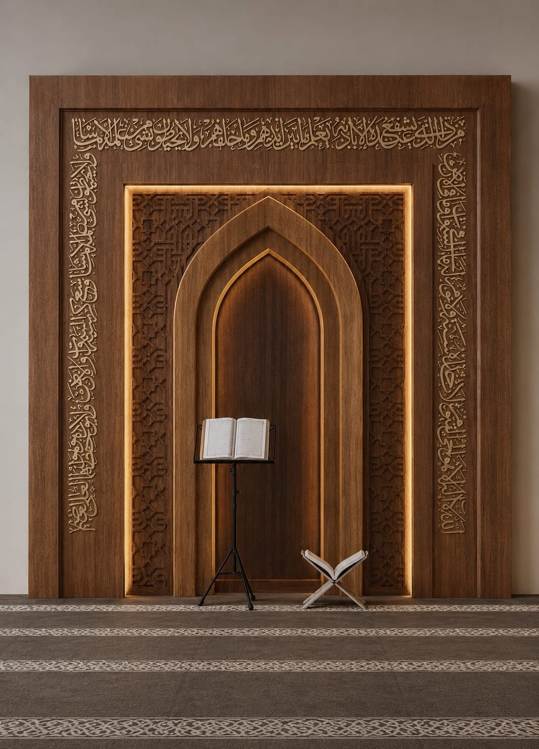 5917333f9c85eb7a0f29ca1521647254 Mihrab Masjid Kayu Jati Jepara – Ukiran Mewah Harga Terbaik - Image 1